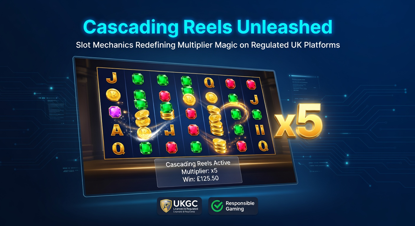 Explosive cascade sequence on a slot grid, multipliers glowing as symbols tumble and payouts multiply dramatically