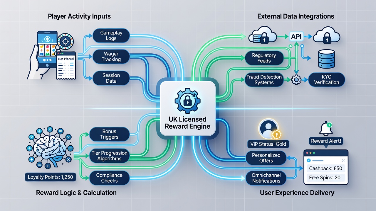 Illustration of integrated data streams connecting loyalty programs and real-time bonus allocation