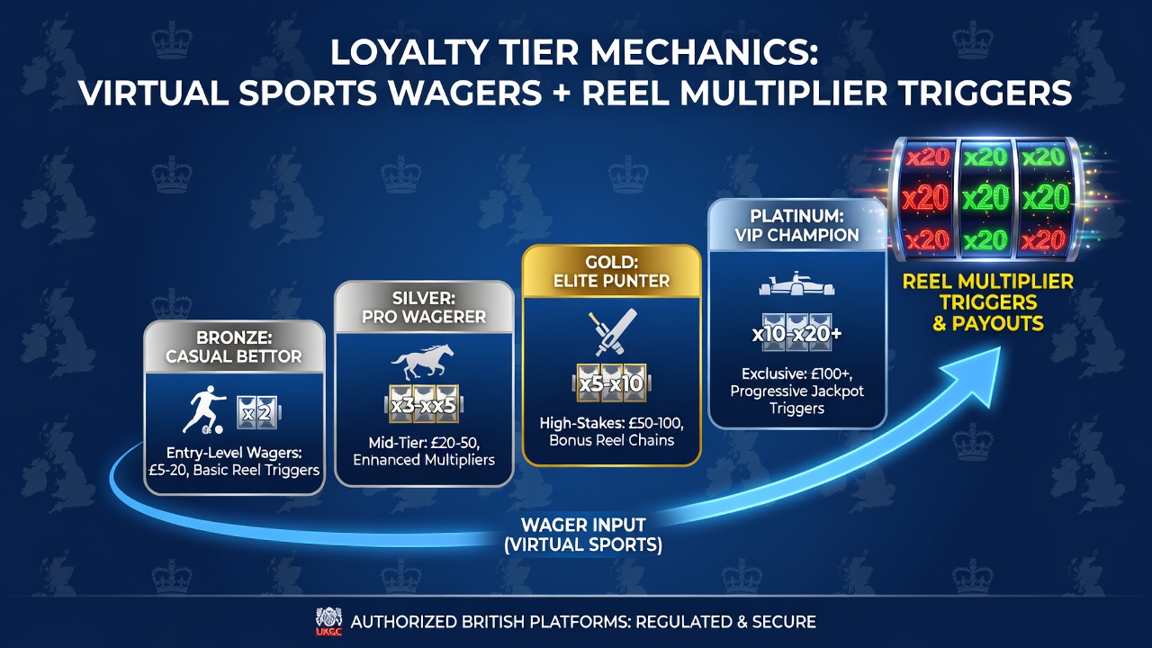 Diagram showing loyalty tier progression linking virtual sports wagers to slot reel multiplier activations on UK platforms