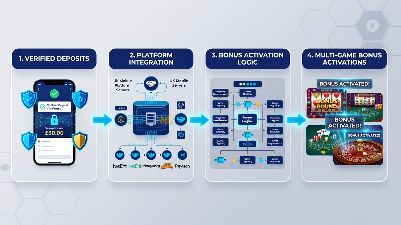 Diagram showing technological integrations between payment systems and multi-game bonus engines on mobile devices