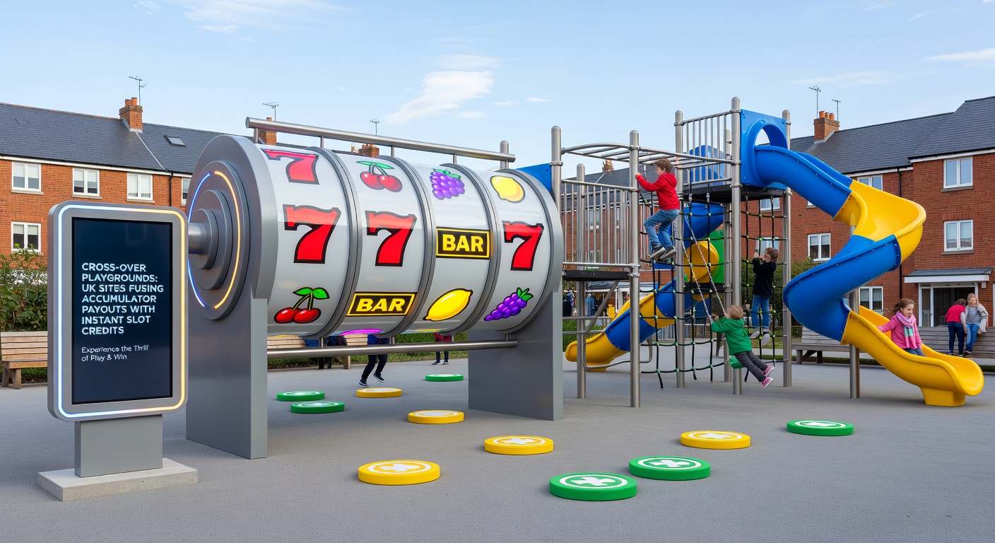 Vibrant digital playground showing sports betting accumulators merging into colorful slot reels with credit bursts
