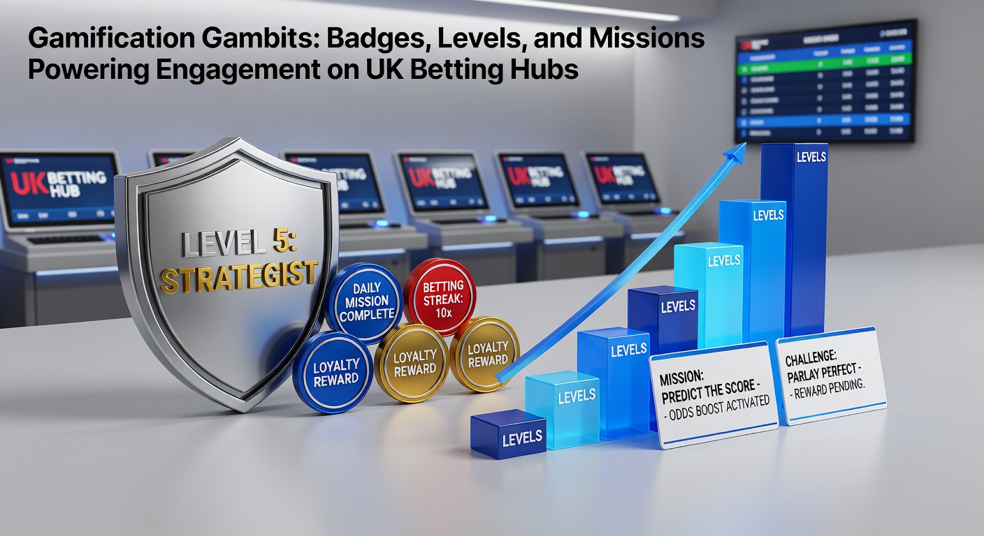 Vibrant digital badges and level-up animations glowing on a betting app interface, showcasing missions and progress bars that keep players hooked