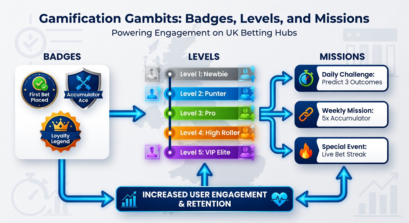 Progression level screen on a UK betting app, with glowing badges, mission trackers, and a leaderboard highlighting top players in real-time