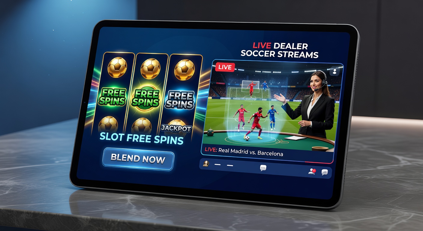 Mobile app interface showing a split-screen with spinning slot reels on one side and a live dealer streaming a soccer match on the other, highlighting the hybrid gaming experience