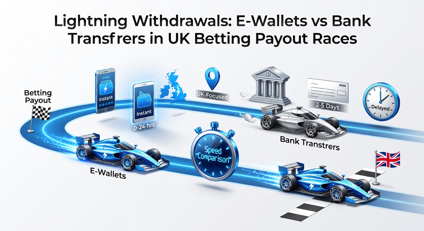 Digital graphic showing speedy e-wallet icons racing against slower bank transfer symbols in a betting payout context