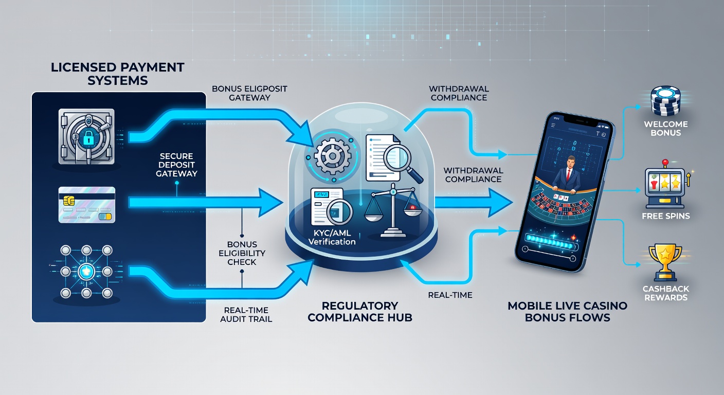 Mobile interface showing live casino bonus flows connected to licensed payment verification