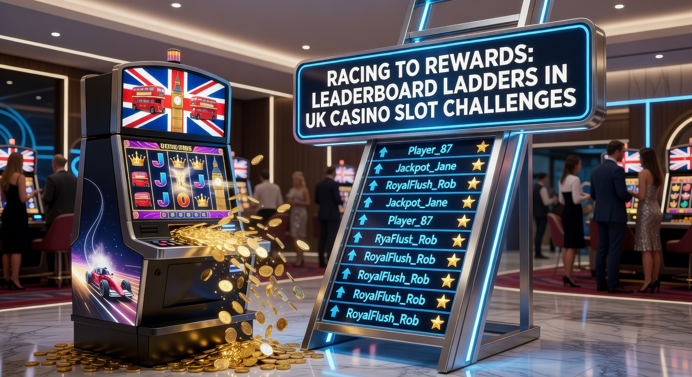 Vibrant leaderboard display showing players climbing ranks in a UK casino slot challenge, with glowing prize tiers and spinning slot reels in the background