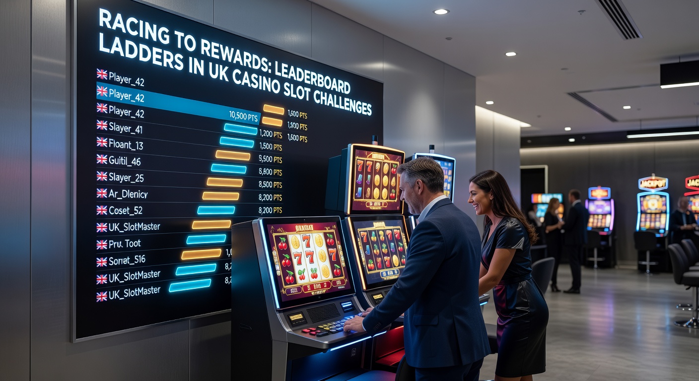 Close-up of a mobile screen capturing a slot challenge leaderboard, highlighting top players' avatars, point totals, and glittering reward ladders ascending toward a grand prize icon