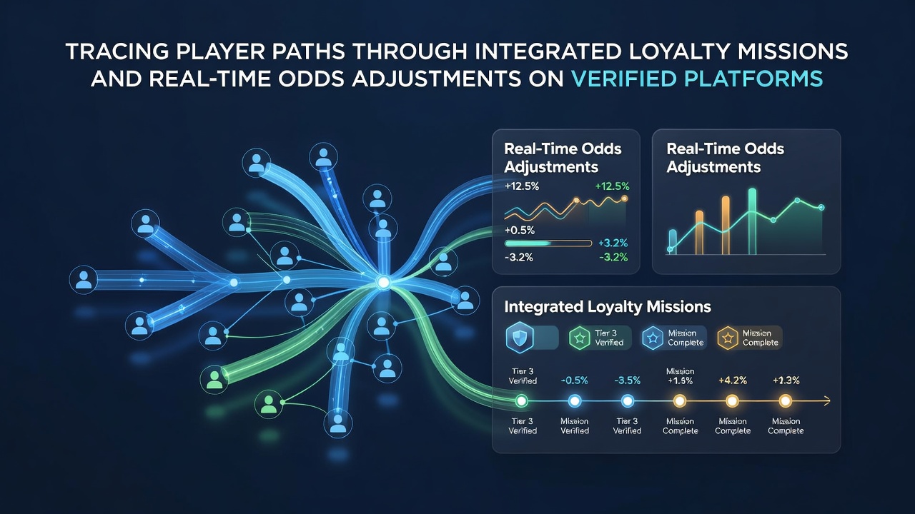 Player path visualization showing loyalty mission progress alongside real-time odds adjustments on a verified platform dashboard