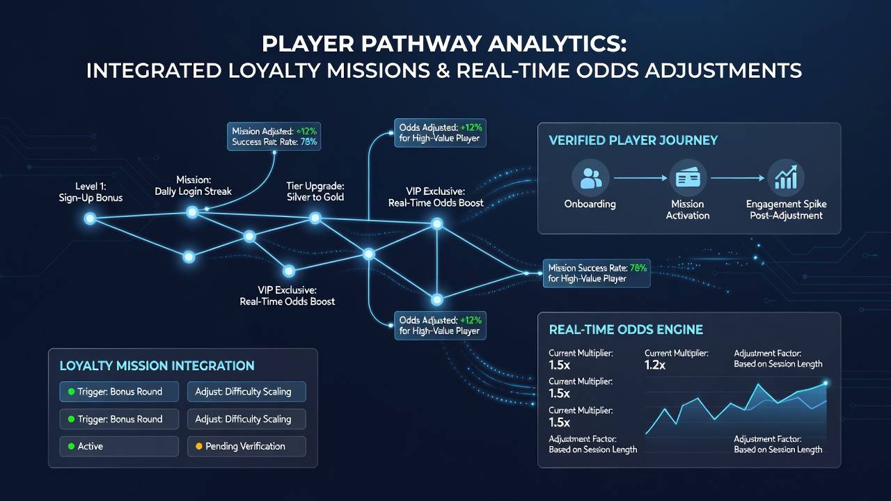 Detailed analytics view of player progression through loyalty missions with overlaid real-time odds data on a certified platform
