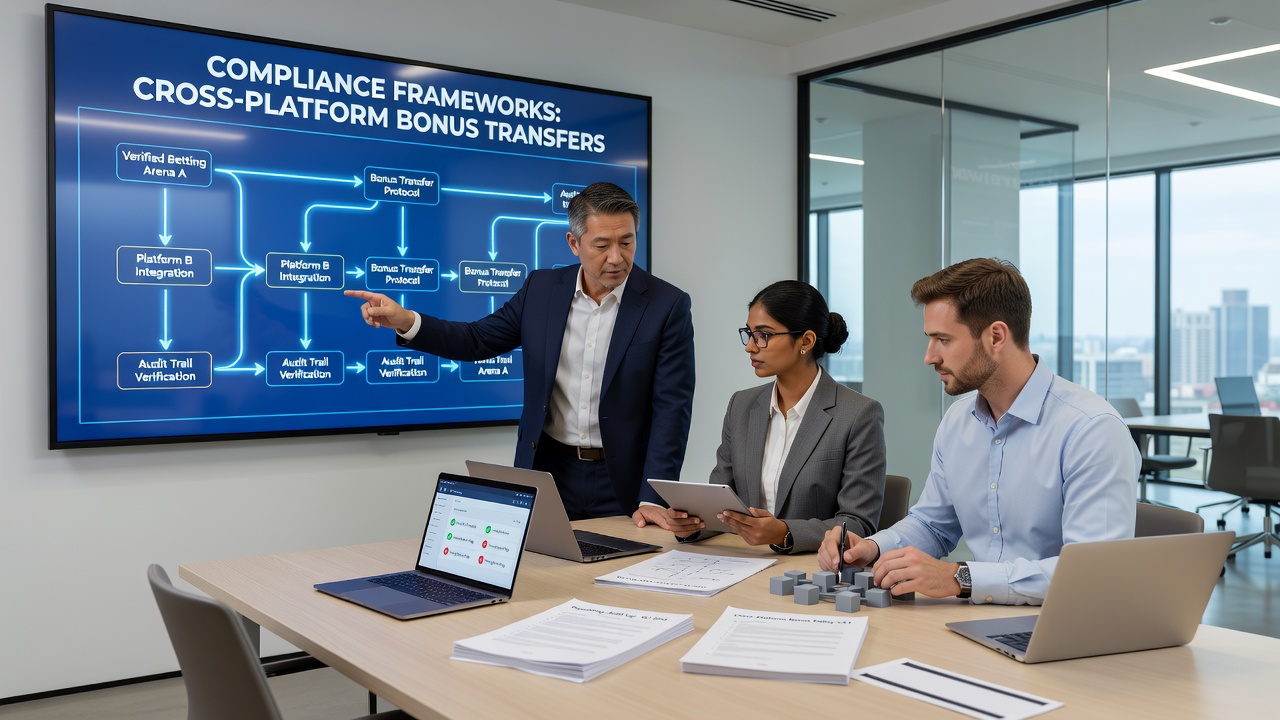 Detailed view of bonus transfer process between platforms with compliance checkpoints and data flow diagrams