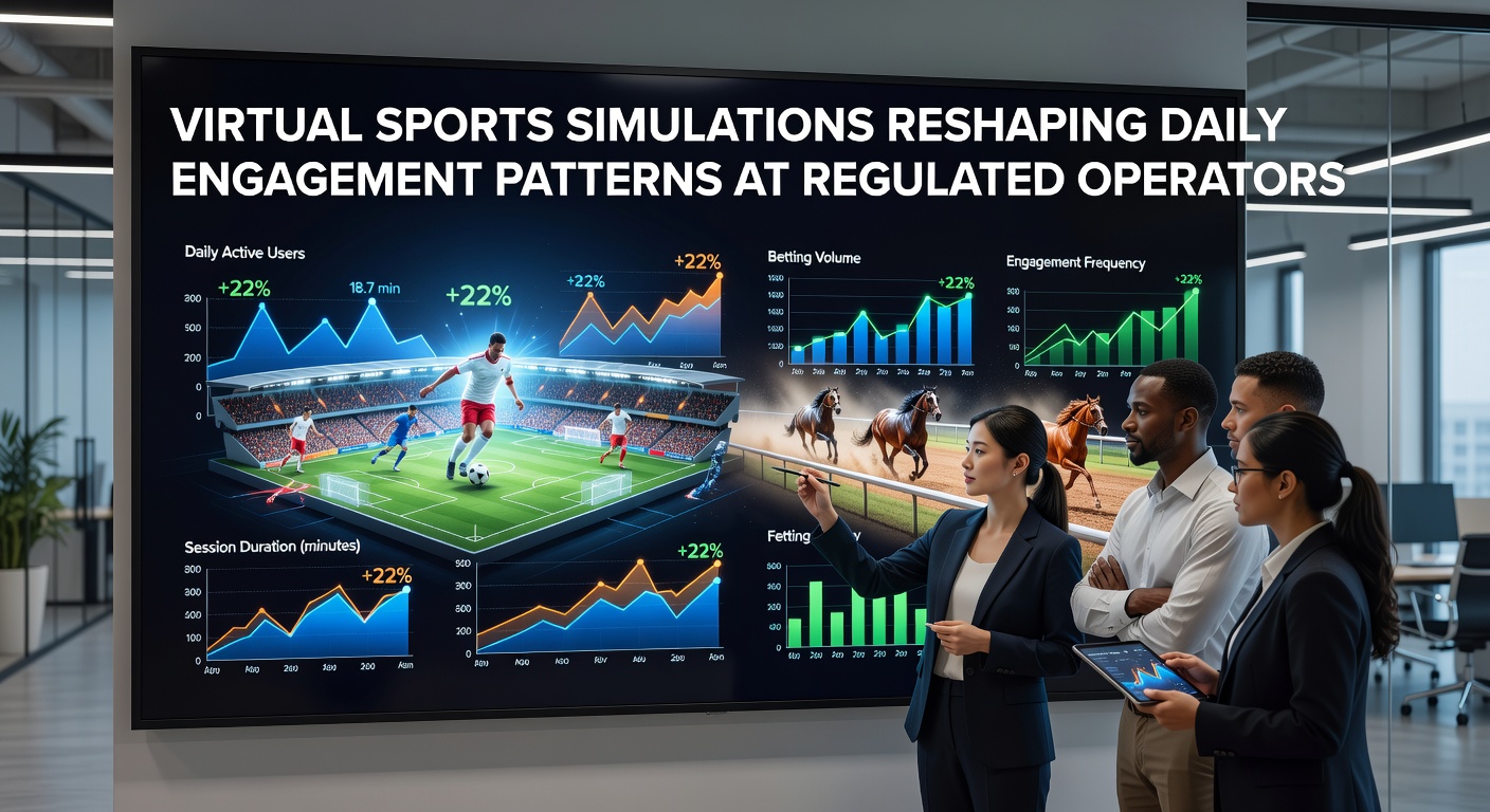 Virtual sports simulations displayed on multiple screens at a regulated betting terminal showing real-time race and match outcomes