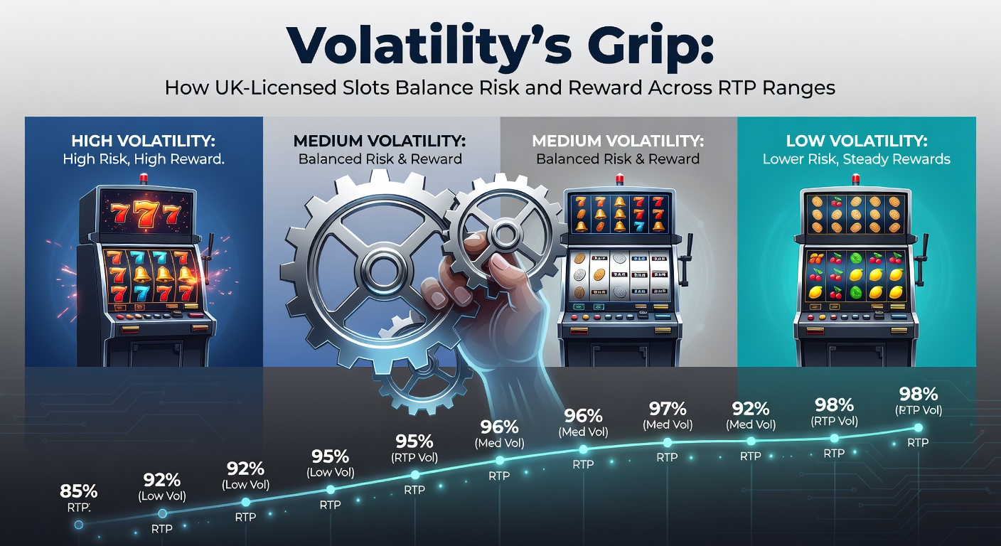 Dynamic graphic depicting slot machine reels with volatility meters swinging between low-risk steady wins and high-risk jackpot pursuits, highlighting the balance in UK-licensed games